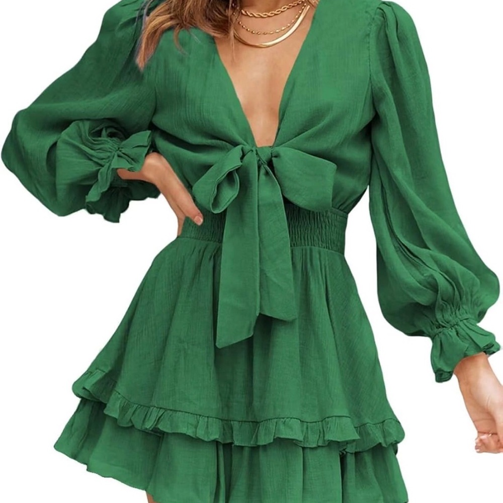 Amazon Green Long Sleeve Tie-Front Dress with Smocked Waist s